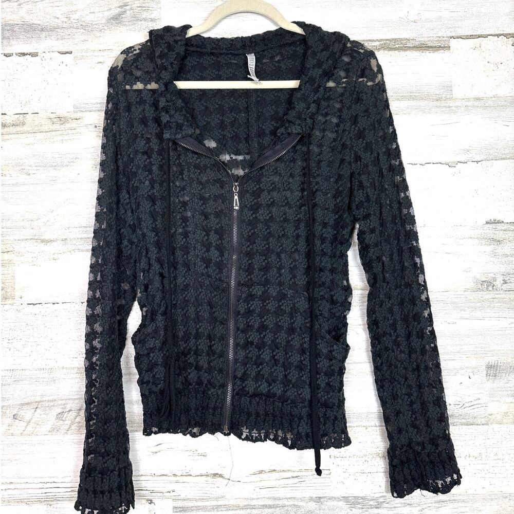 Maria Rerio Women’s L Black Long Sleeve Lace Zip-Up Lightweight Boho Hoodie